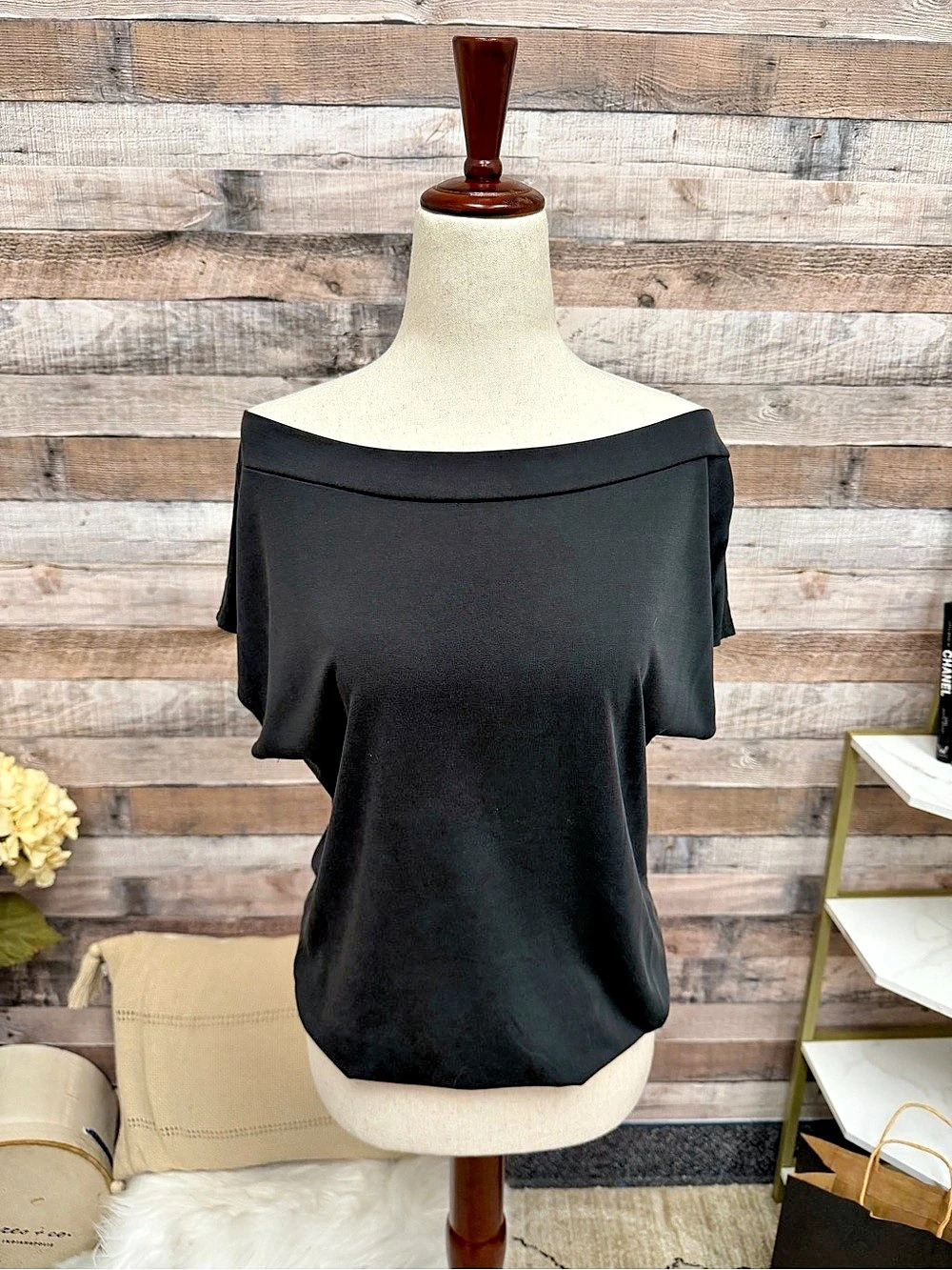 Peyton Jensen Black Draped Cowl Neck Short Sleeve Shirt